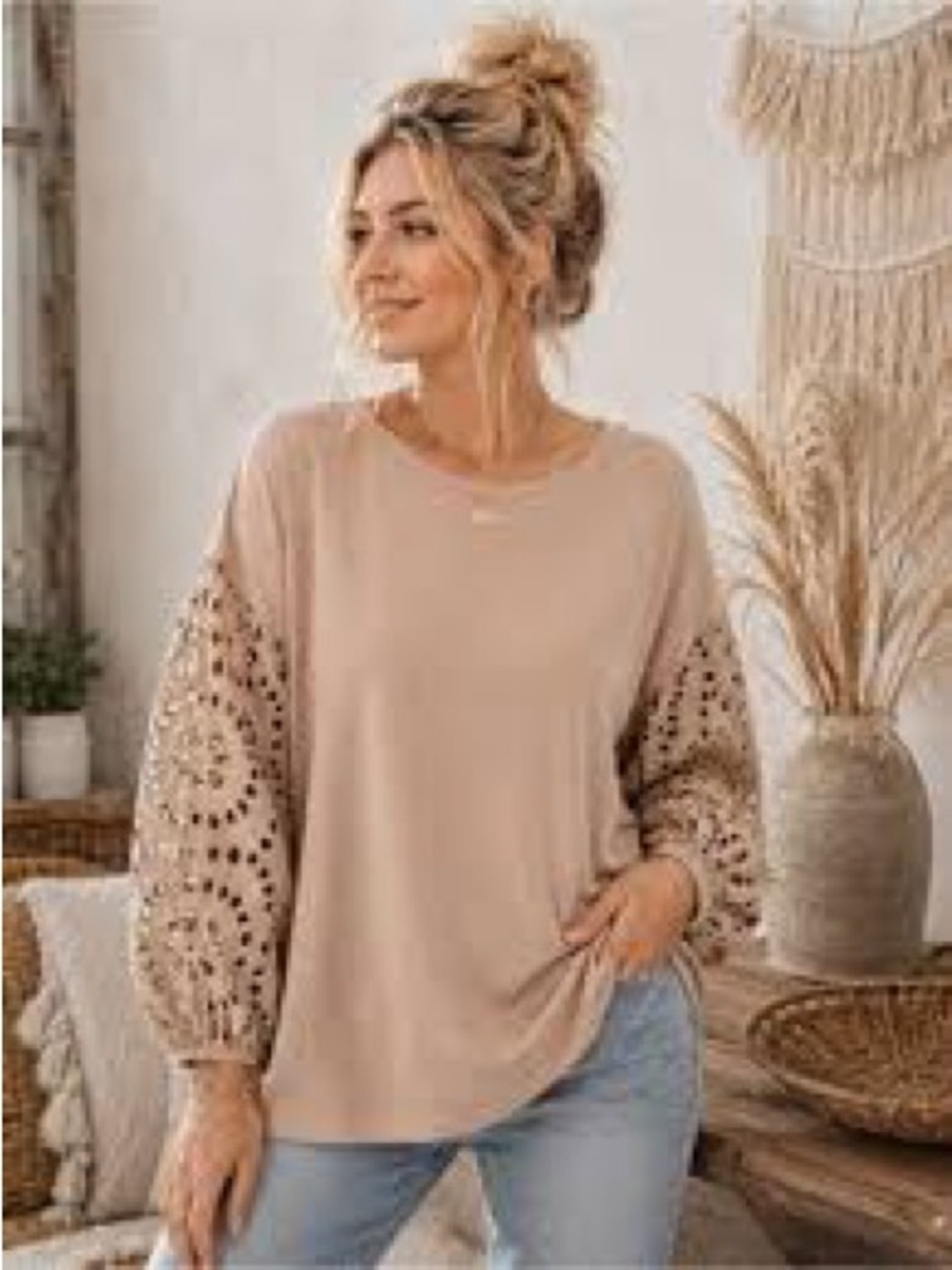 A New Day Puff Sleeve Eyelet Tee in Soft Tan - Picture 2 of 11